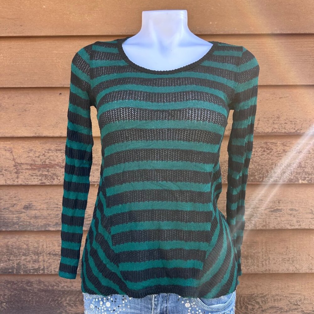 AB Studio Green & Black Striped Long-Sleeve Knit Top Size M